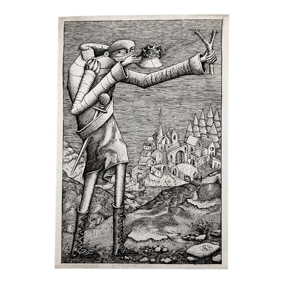 Phelgm Covid Catapult, 2026 Copper engraving 4.75 x 3.25 in Red Stamp - Full Run = Until Wear (200-500) Hand signed + stamped by the artist on verso
