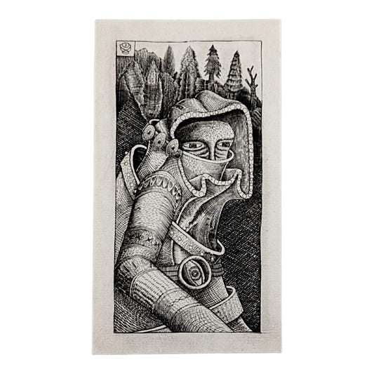 Phelgm Untitled (Study for The Rider), 2026 Copper engraving 3.25 x 1.75 in Blue Stamp - Small Run (Edition of 150) Hand signed + stamped by the artist on verso
