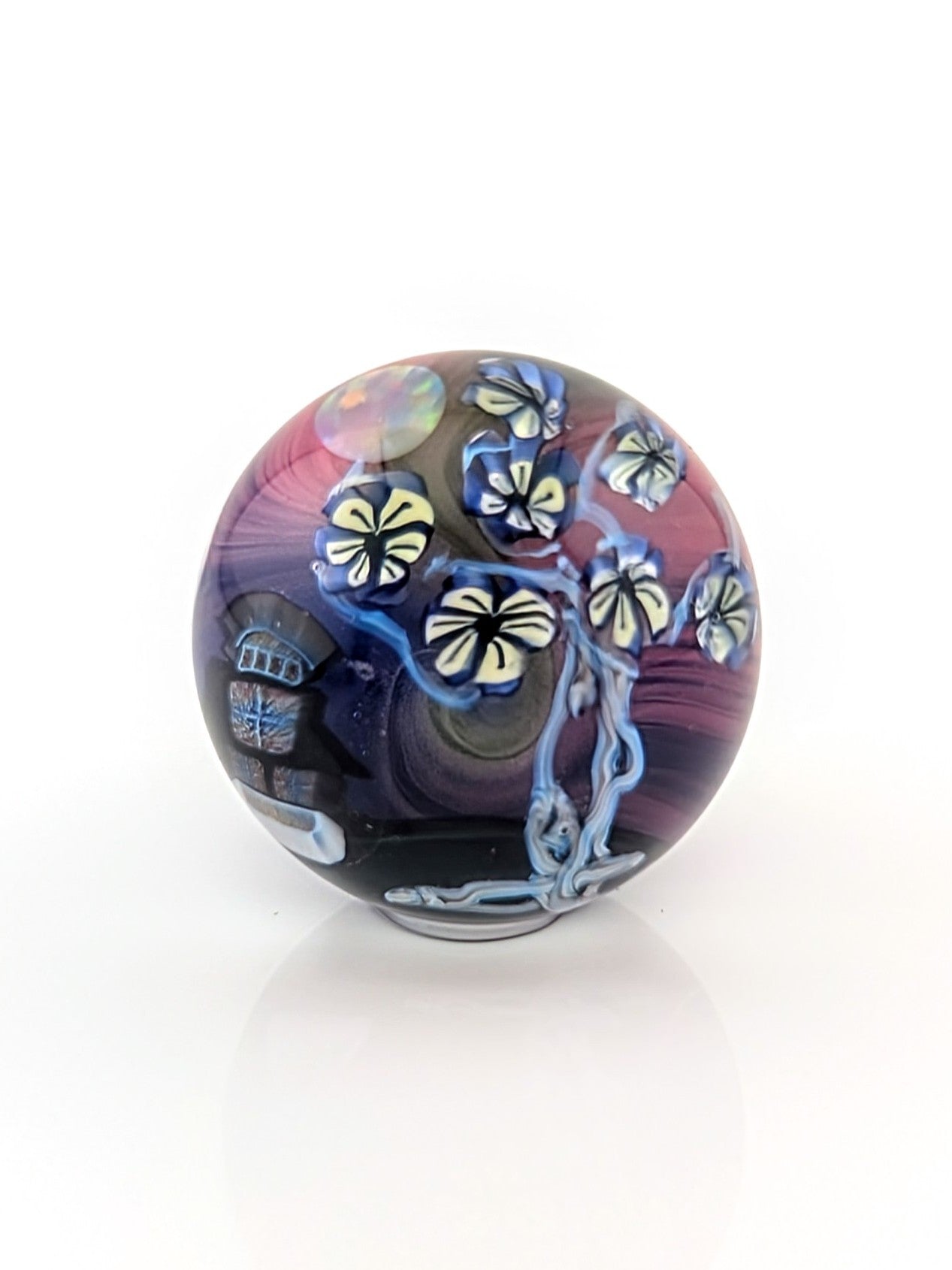 Piper Dan
Asanoha Castle Scene, 2021
UV Reactive Borosilicate Glass Marble Set
21 mm

Hand blown glass made by Piper Dan (Daniel Benway). Set includes 24.8 mm marble (mib), 2 pearls, 1 pillar & 1 valve. Signed "DB" + Dated "2021"