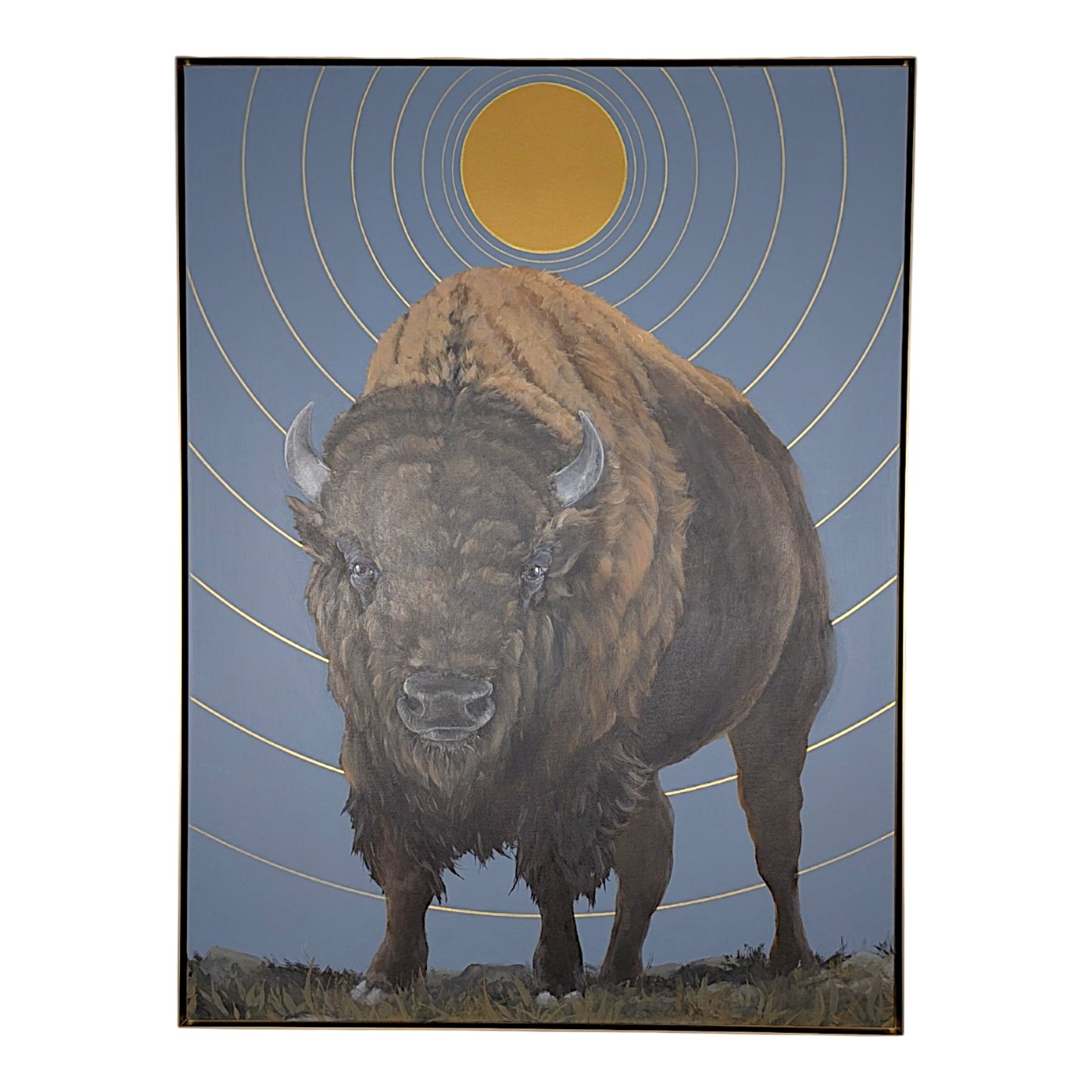 A framed art print depicting a large brown bison standing against a muted blue-gray sky with concentric gold rings and a gold sun, shown on a white background.