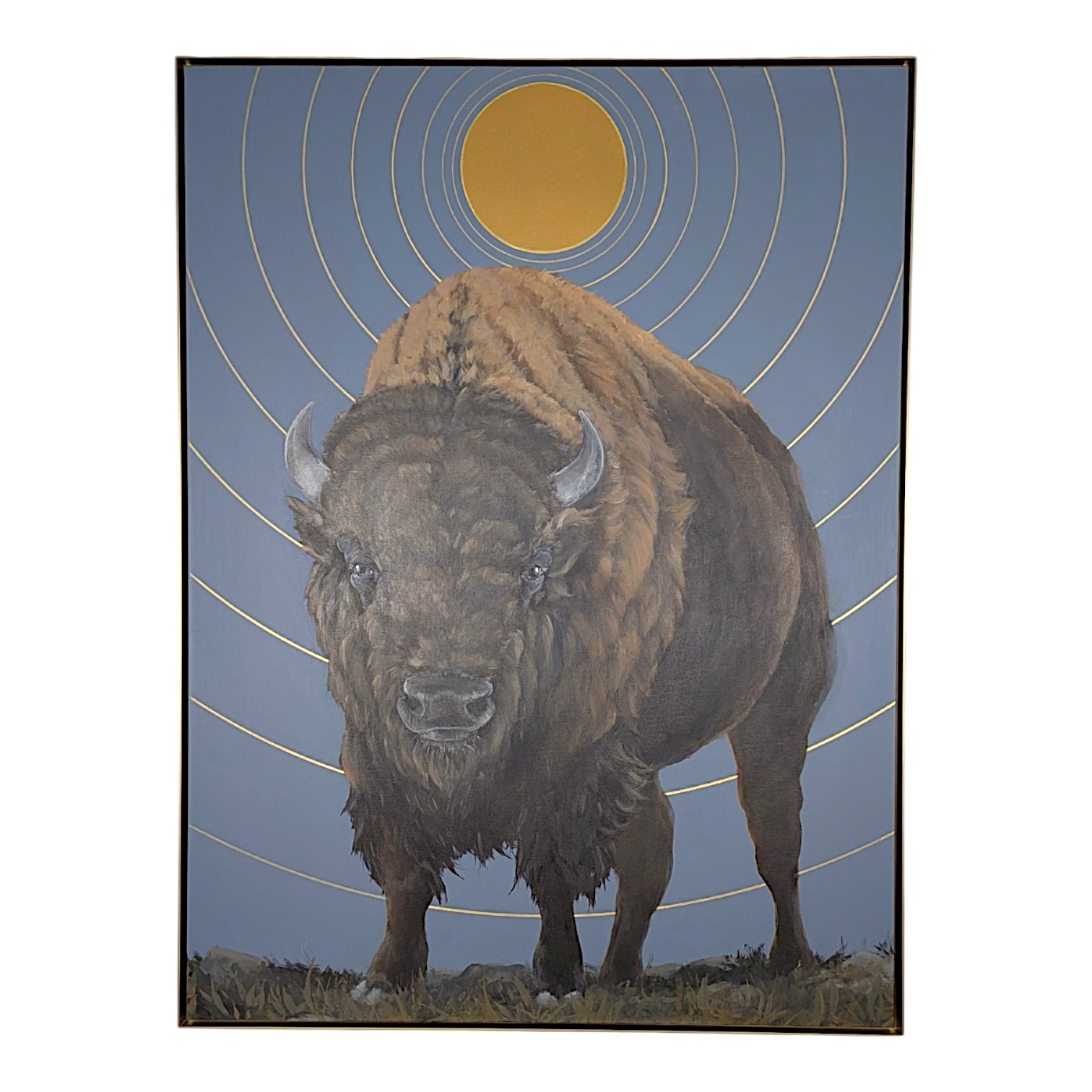 A framed art print depicting a large brown bison standing against a muted blue-gray sky with concentric gold rings and a gold sun, shown on a white background.