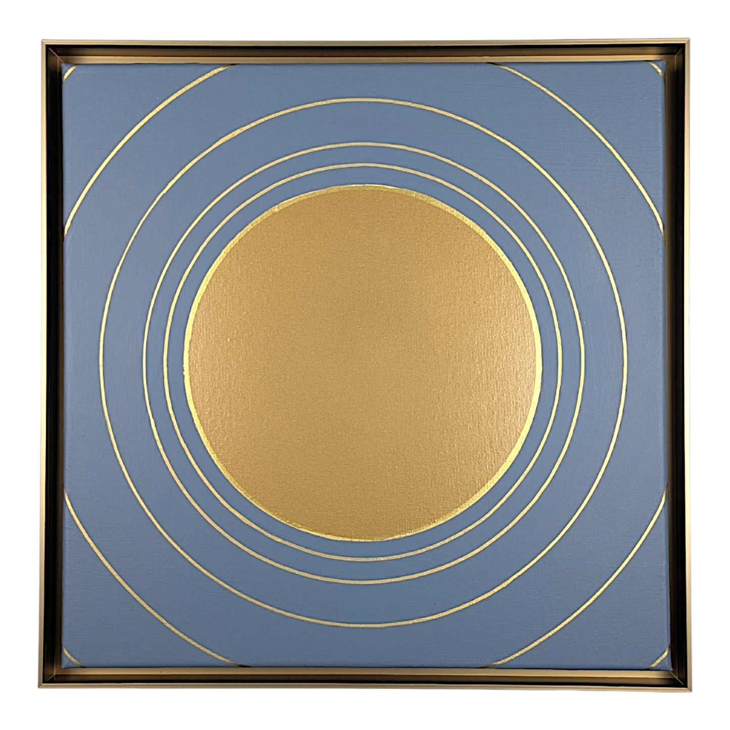 Square abstract wall art featuring a textured gold circle centered on a muted blue background, surrounded by thin gold concentric rings and enclosed in a thin gold frame.
