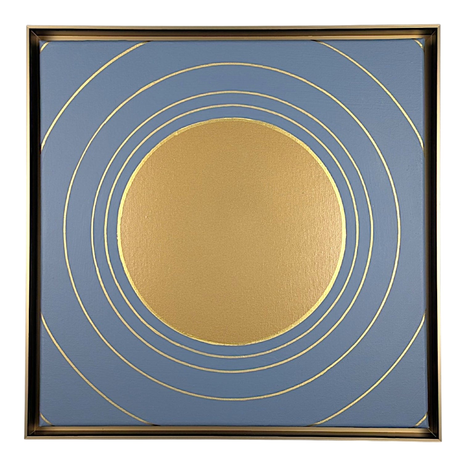 Square abstract wall art featuring a textured gold circle centered on a muted blue background, surrounded by thin gold concentric rings and enclosed in a thin gold frame.
