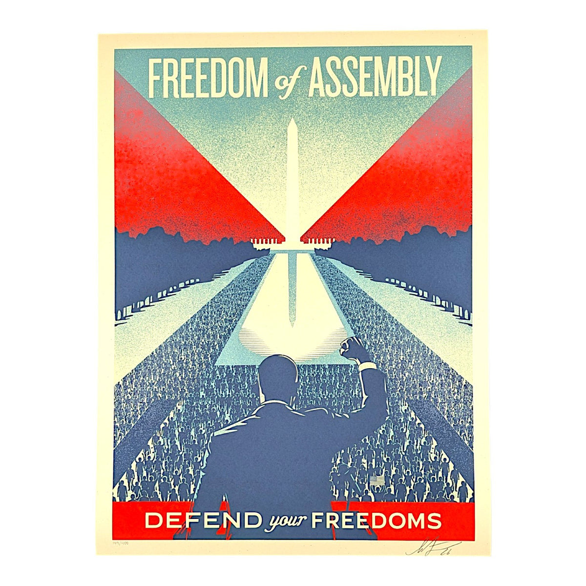 Shepard Fairey Defend Your Freedoms - Freedom of Assembly, 2026 Screenprint on 80# cream Speckletone paper 18 x 24 in Edition of 400 Hand signed + numbered by the artist. Accompanied by Digital Certificate of Authenticity provided by Verisart.
