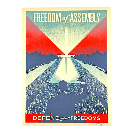 Shepard Fairey Defend Your Freedoms - Freedom of Assembly, 2026 Screenprint on 80# cream Speckletone paper 18 x 24 in Edition of 400 Hand signed + numbered by the artist. Accompanied by Digital Certificate of Authenticity provided by Verisart.