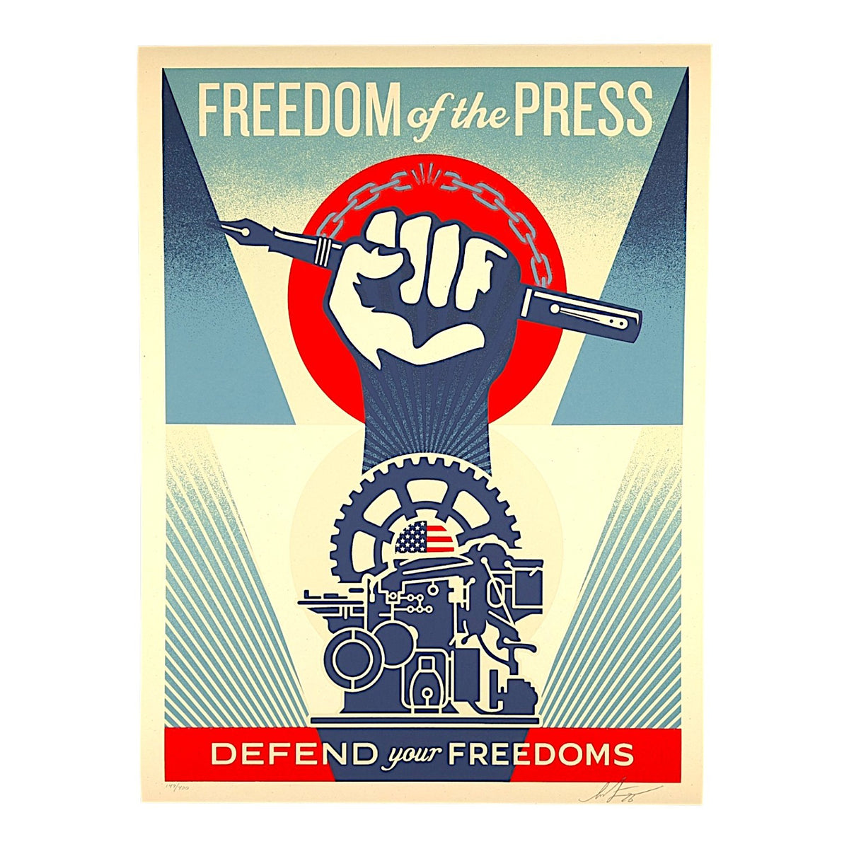 Shepard Fairey Defend Your Freedoms - Freedom of the Press, 2026 Screenprint on 80# cream Speckletone paper 18 x 24 in Edition of 400 Hand signed + numbered by the artist. Accompanied by Digital Certificate of Authenticity provided by Verisart.