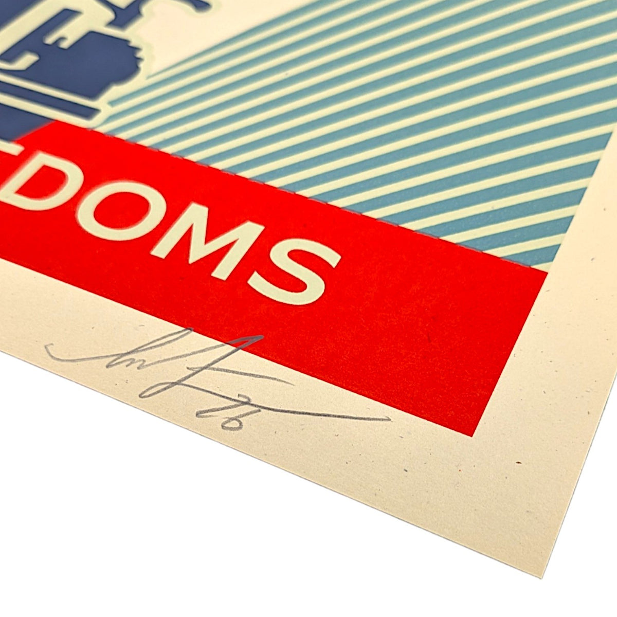 Shepard Fairey Defend Your Freedoms - Freedom of the Press, 2026 Screenprint on 80# cream Speckletone paper 18 x 24 in Edition of 400 Hand signed + numbered by the artist. Accompanied by Digital Certificate of Authenticity provided by Verisart.