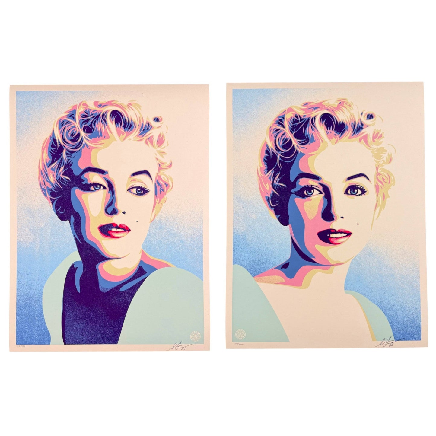 Shepard Fairey 
Marilyn Sunrise, 2026 
Screen print on 80# cream Speckletone paper 
18 x 24 in 
Edition of 500 

Shepard Fairey 
Marilyn Sunset, 2026 
Screen print on 80# cream Speckletone paper 
18 x 24 in 
Edition of 500 

Both hand signed + numbered by the artist 


