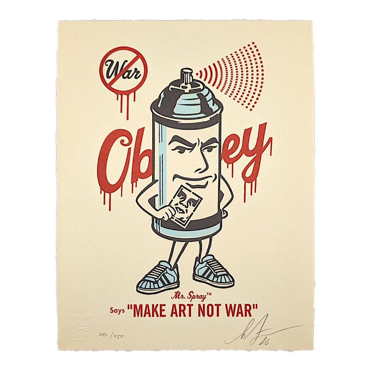 Shepard Fairey Mr. Spray, 2026 Letterpress on cream cotton paper with hand-deckled edges 10 x 13 in Edition of 450 Hand signed + numbered by the artist. Accompanied by Digital Certificate of Authenticity provided by Verisart.