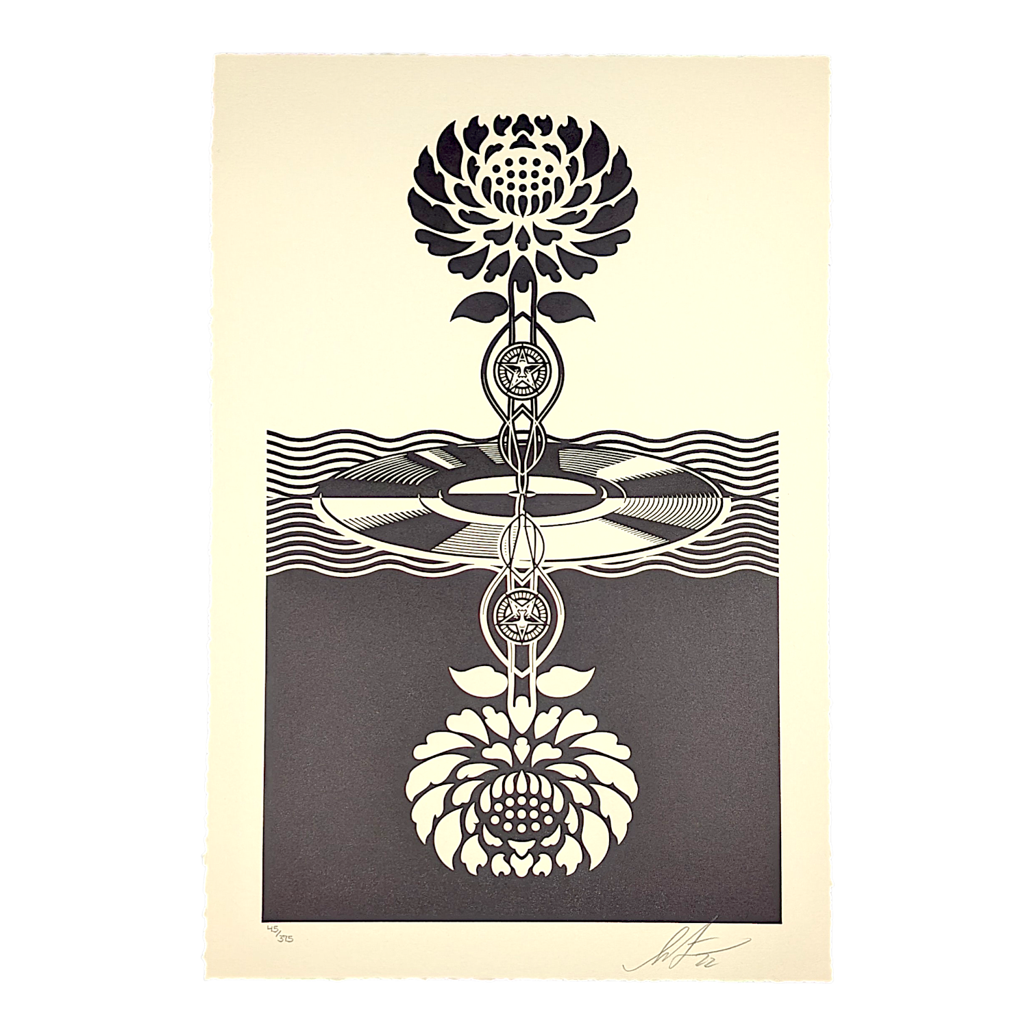Shepard Fairey 
Obey Post-Punk Flower (Black) Letterpress , 2022 
Letterpress on cream cotton paper with hand-deckled edges 
12 x 18 
Edition of 375 

Hand signed + numbered by the artist 