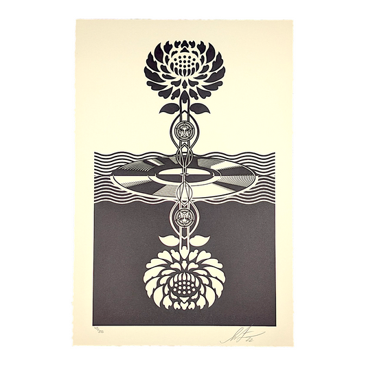 Shepard Fairey 
Obey Post-Punk Flower (Black) Letterpress , 2022 
Letterpress on cream cotton paper with hand-deckled edges 
12 x 18 
Edition of 375 

Hand signed + numbered by the artist 