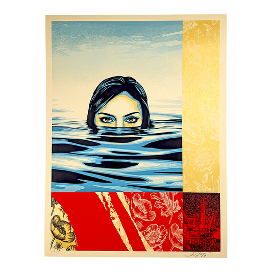 Shepard Fairey (Obey Giant) 
Treading Water, 2024 
Screen print on thick cream Speckletone paper 
18 x 24 in 
Edition of 550 

Hand Signed & Numbered by the artist. Accompanied by Digital Certificate of Authenticity provided by Verisart. 

*Minor imperfection (faint crease, top right) - Please contact us if you would like a condition report + additional photos / videos 

FROM SHEPARD FAIREY
This “Treading Water” print is a metaphor for the environmental peril we have created and the struggles future generat