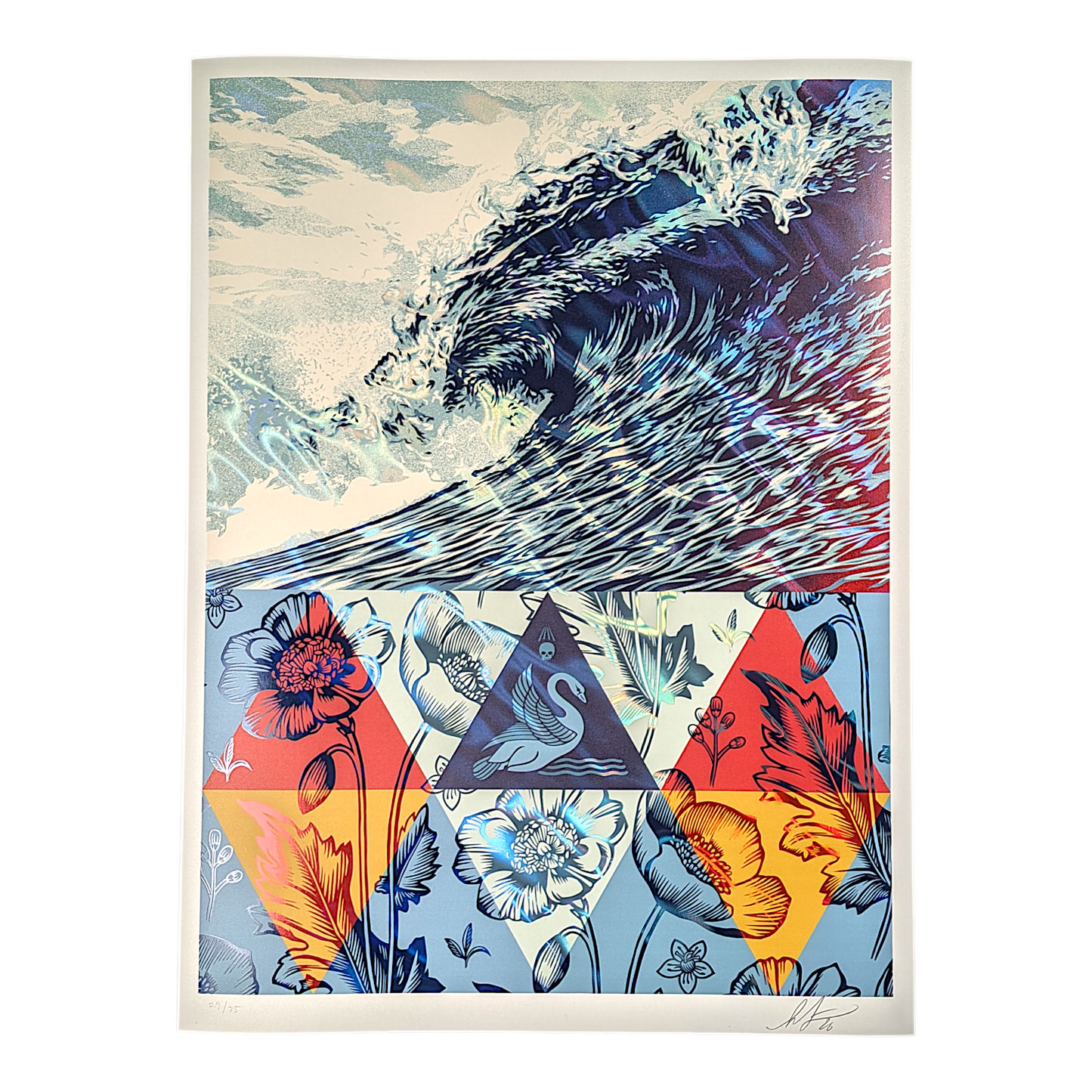 Shepard Fairey 
Wave of Distress (Lava Foil) , 2025 
4 color screen print on lava foil paper
18 x 24 in 
Edition of 75 

Hand signed, numbered + dated by the artist 