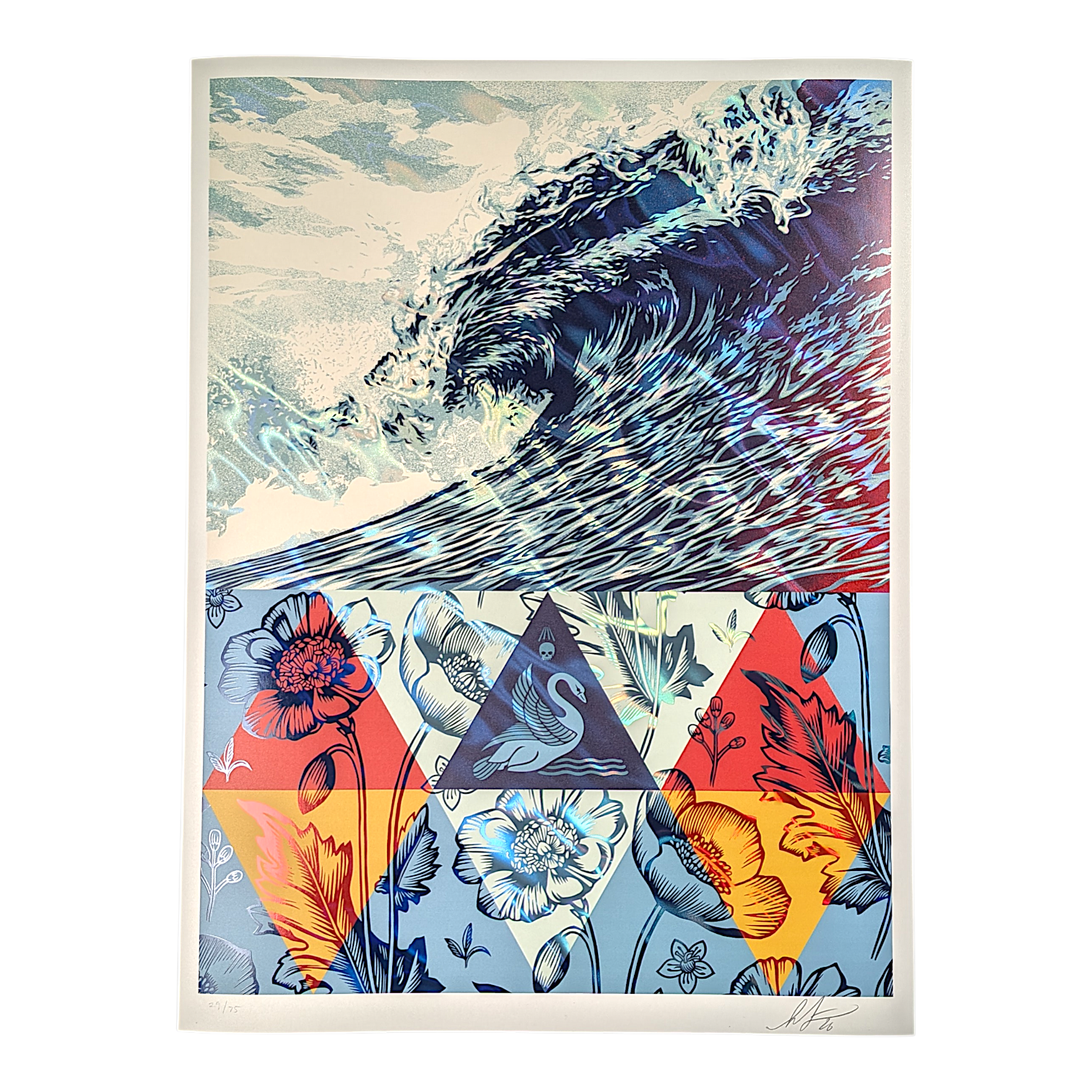 Shepard Fairey 
Wave of Distress (Lava Foil) , 2025 
4 color screen print on lava foil paper
18 x 24 in 
Edition of 75 

Hand signed, numbered + dated by the artist 