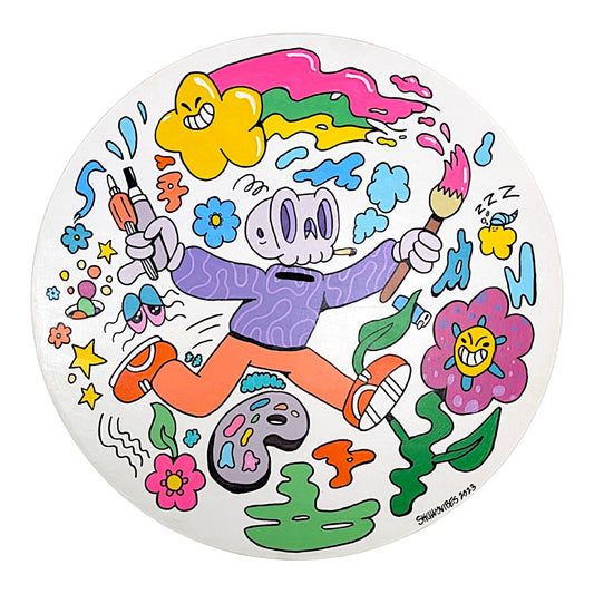 Skully Vibes
Around it goes, 2023
Acrylic on round wood panel
16 in diameter

Hand signed + dated by the artist