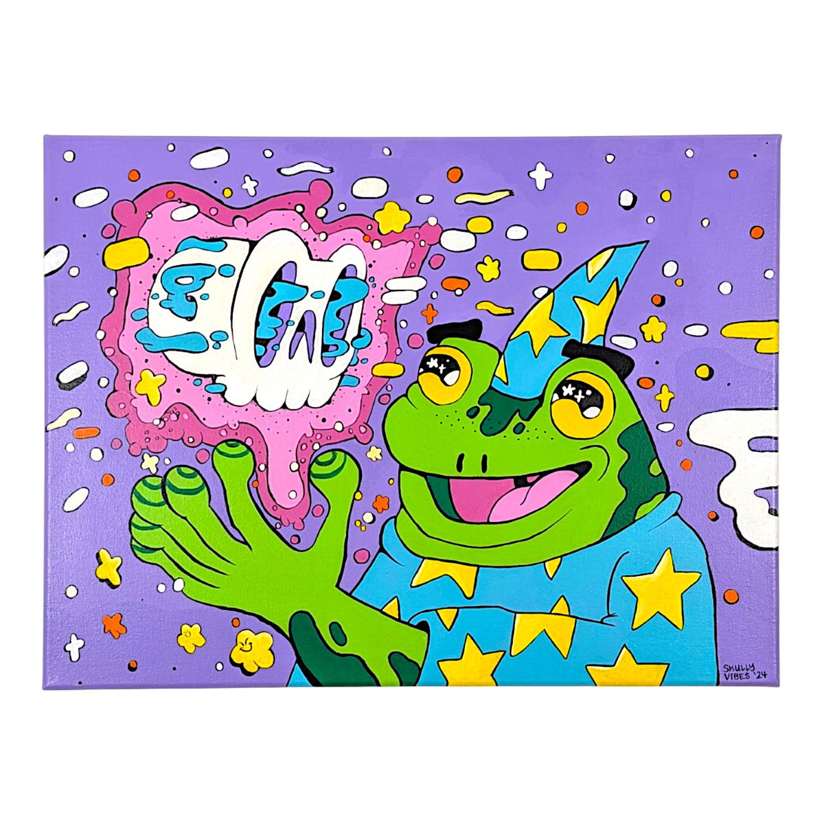 Skully Vibes
Froggy Warlock, 2024
Acrylic on canvas
18 x 24 in

Hand signed + dated by the artist