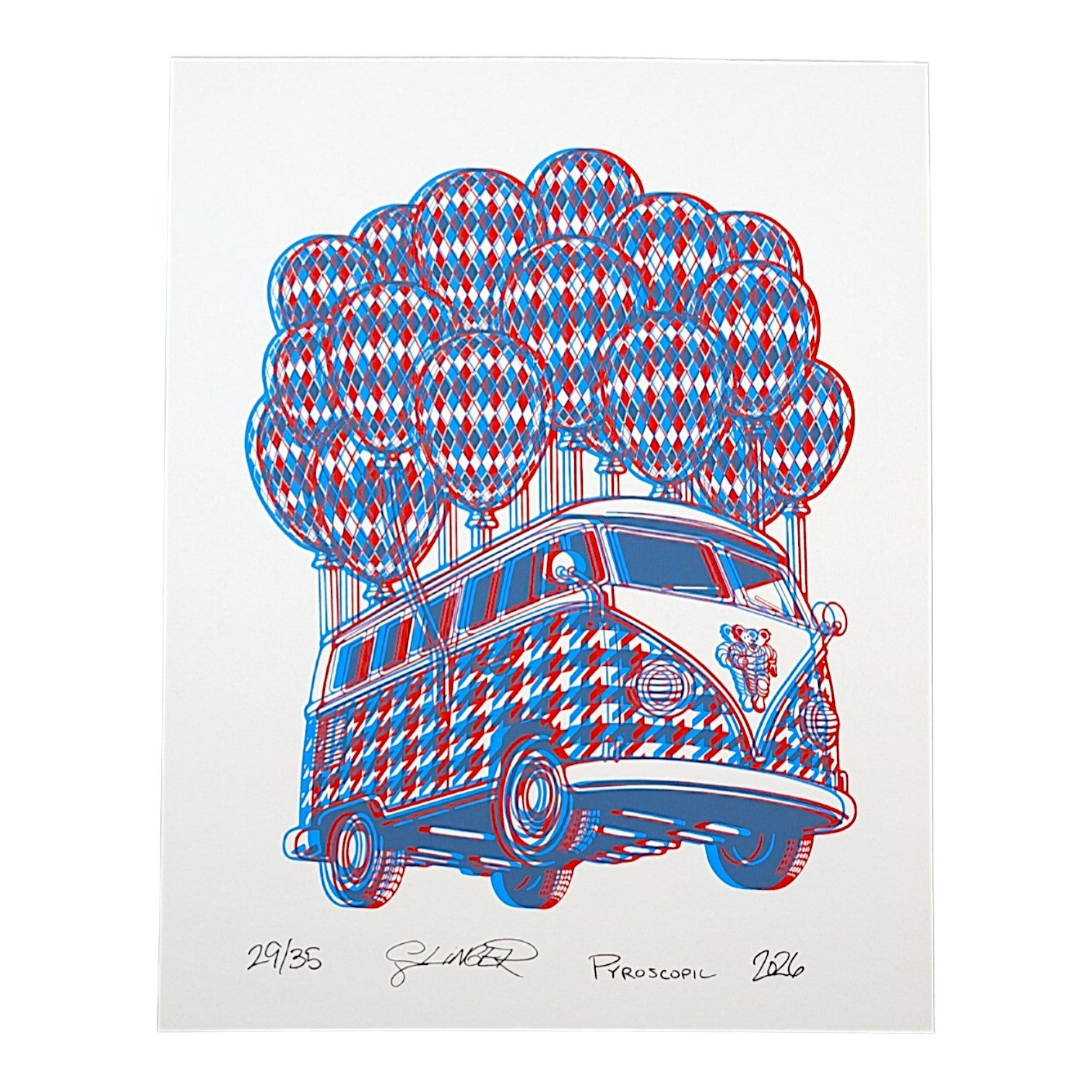 Slinger x Pyroscopic 3D Slinger Bus, 2026 Screenprint on 300 gsm archival paper 11 x 14 in Edition of 35 Hand signed, numbered + dated by the artists