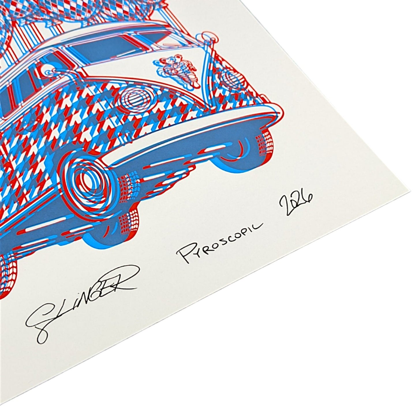 Slinger x Pyroscopic 3D Slinger Bus, 2026 Screenprint on 300 gsm archival paper 11 x 14 in Edition of 35 Hand signed, numbered + dated by the artists