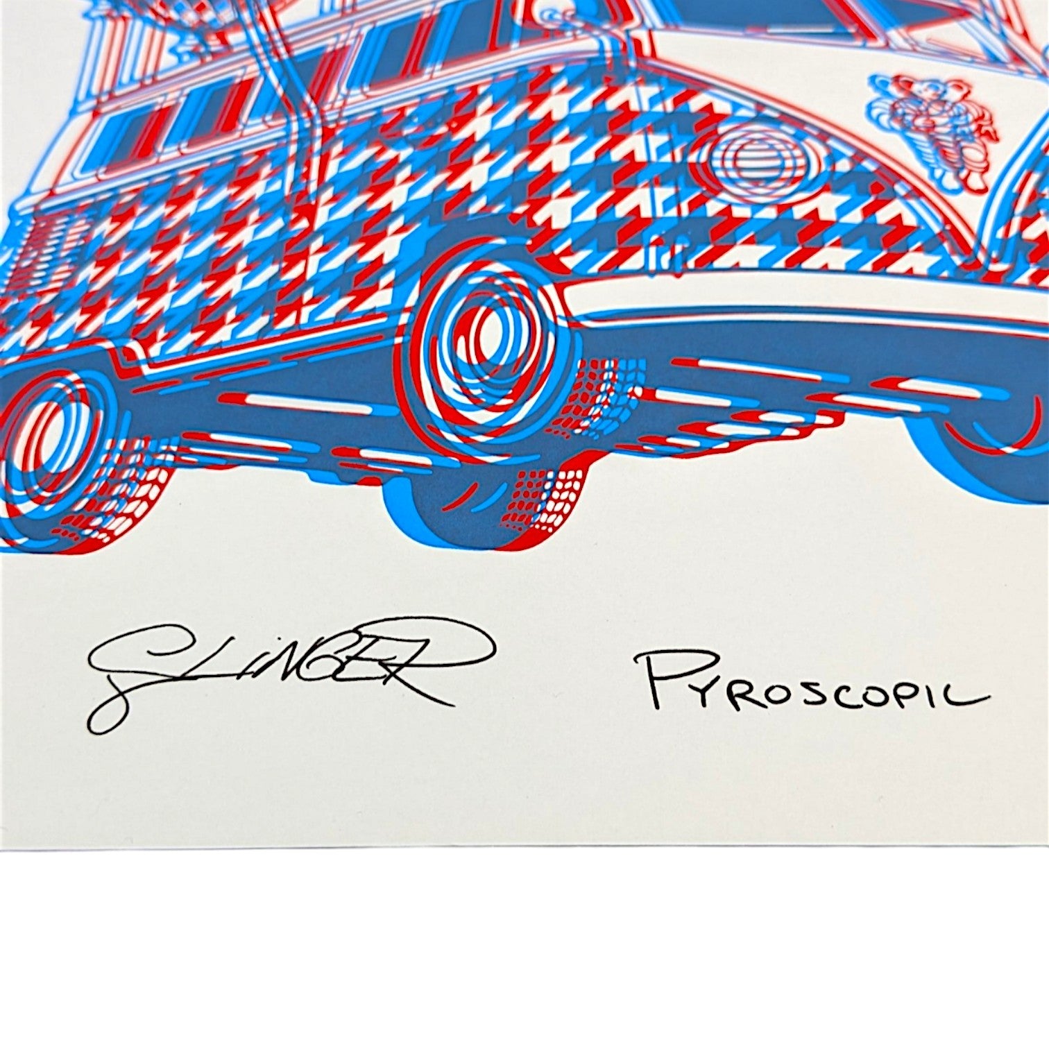 Slinger x Pyroscopic 3D Slinger Bus, 2026 Screenprint on 300 gsm archival paper 11 x 14 in Edition of 35 Hand signed, numbered + dated by the artists