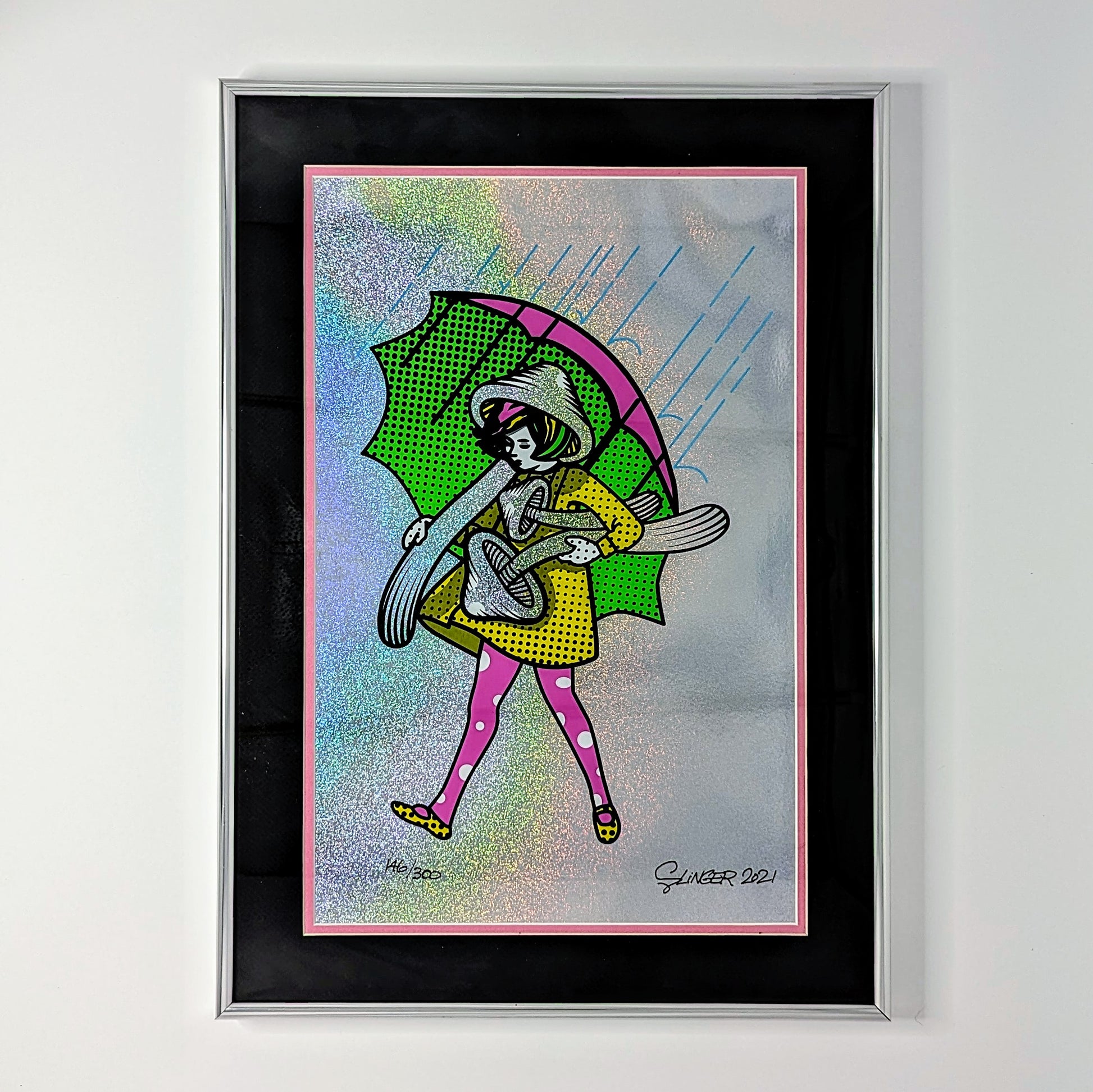 Slinger x Pyroscopic
Neon Shroom Girl, 2020
Archival Pigment Print on Holographic Sparkle Foil
11 x 17 in
Edition of 300

Signed, Numbered + Dated by the artist.

Custom Frame: 
14.75 x 20.5 x 1 in
Tru Vue Conservation Grade 99% UV Protection Plexiglass