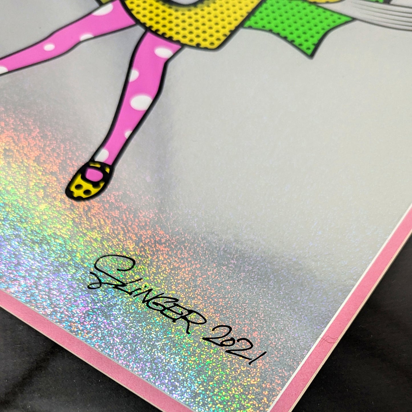 Slinger x Pyroscopic
Neon Shroom Girl, 2020
Archival Pigment Print on Holographic Sparkle Foil
11 x 17 in
Edition of 300

Signed, Numbered + Dated by the artist.

Custom Frame: 
14.75 x 20.5 x 1 in
Tru Vue Conservation Grade 99% UV Protection Plexiglass