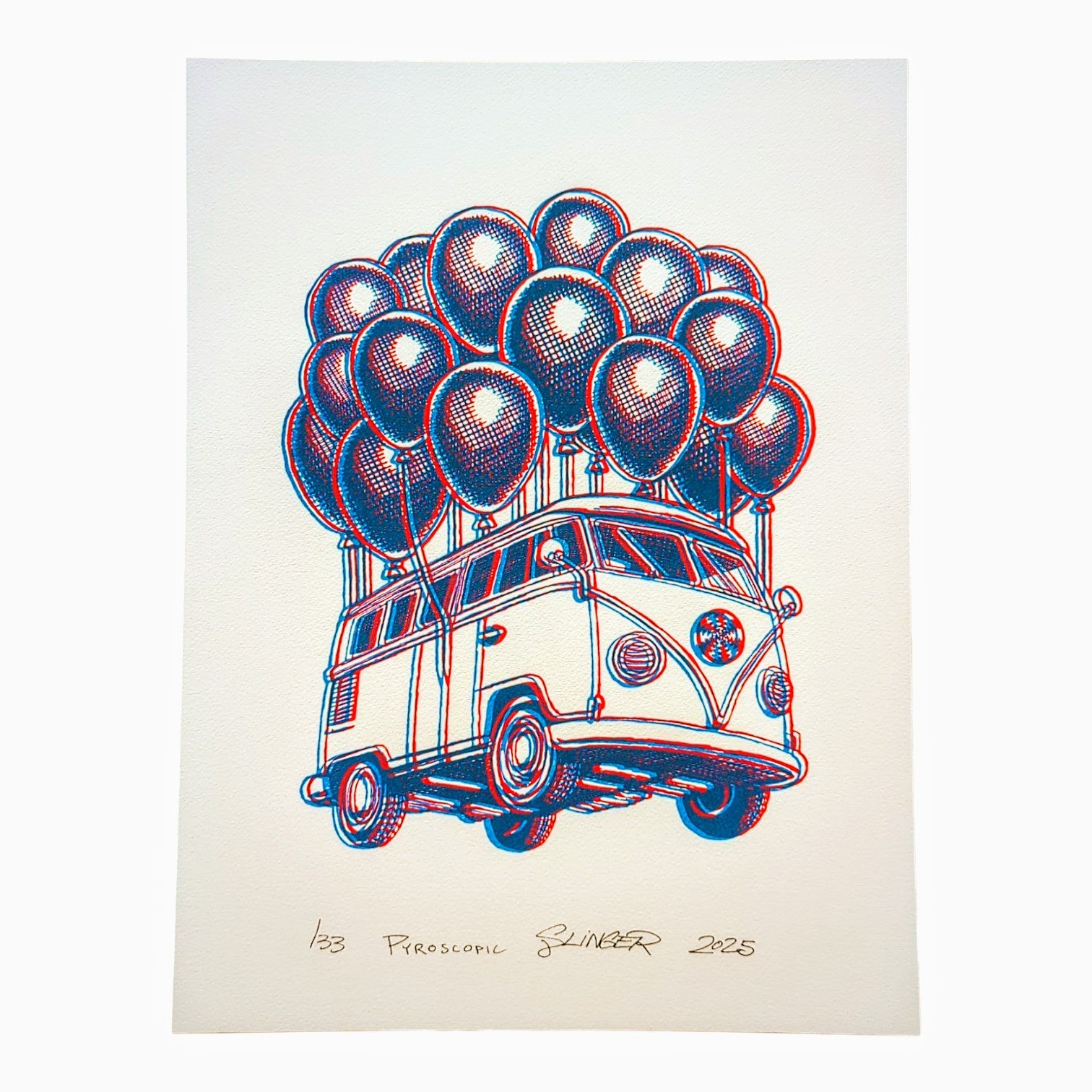 Slinger x Pyroscopic (The Parking Lot Collective)
3D Flying Bus, 2025
2 Color Screen Print on 140 lbs Acid Free Watercolor Paper
12 x 16 in
Edition of 33

Hand Signed, Numbered + Dated by the artists. 