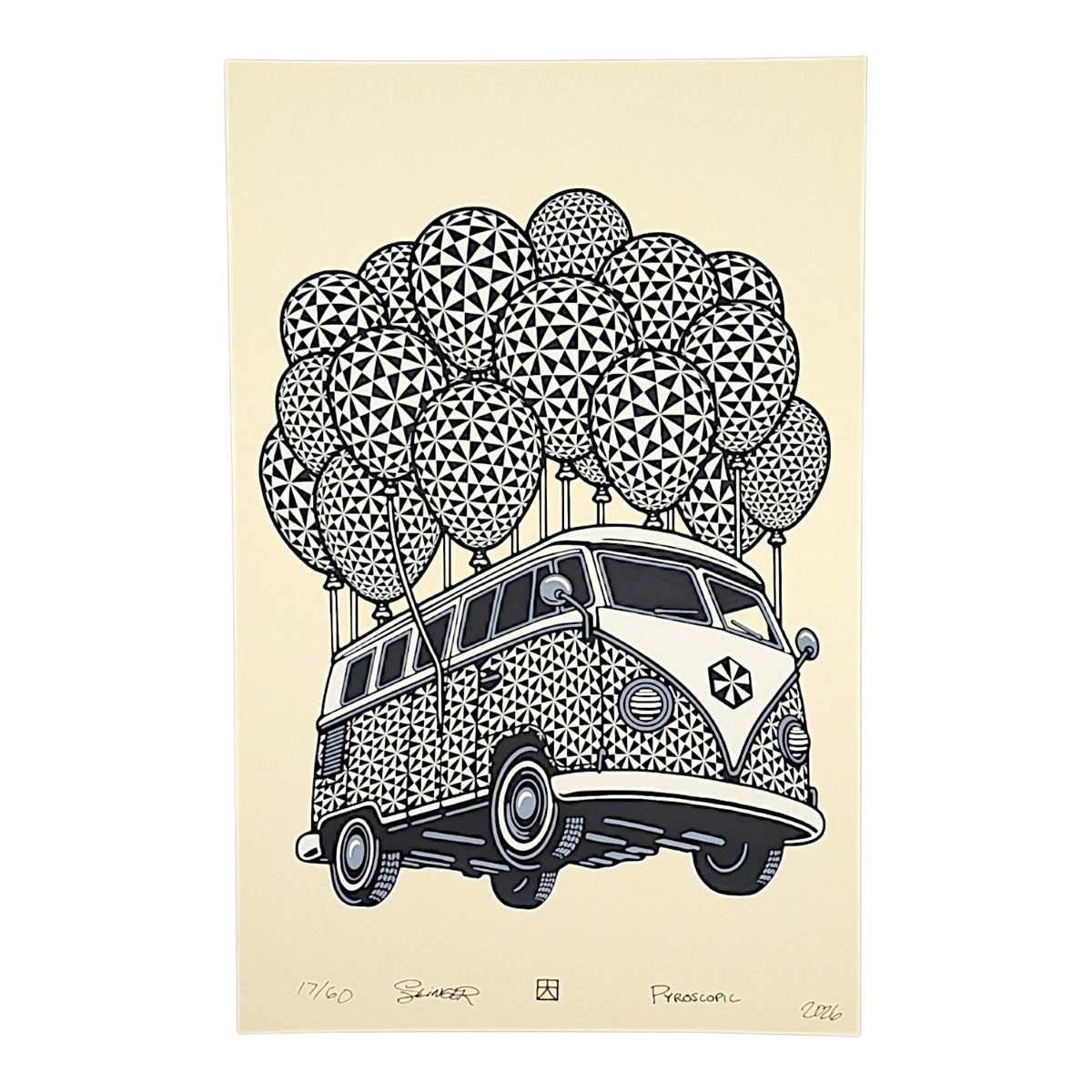 Slinger x Pyroscopic (The Parking Lot Collective) x Disk Glass
Disk Flying Bus, 2026
Screenprint on Archival #111 Paper
11 x 17 in
Edition of 60

Hand signed, numbered + dated by the artists.