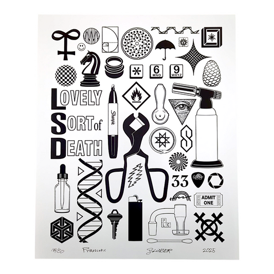 Slinger x Pyroscopic (The Parking Lot Collective)
LSD Flashback, 2025
Screen Print on Acid Free Archival Paper
14 x 17 in
Edition of 50

Hand Signed, Numbered + Dated by the artists.