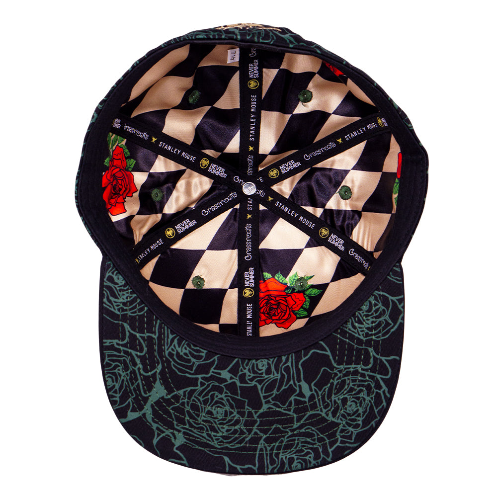 Stanley Mouse x Grassroots Mandolin Jester Never Summer Green Rose Fitted Hat
- Cotton Panels & Brim
- Screen Printed Design
- Sublimation Printing
- Square Brim
- Satin Lining 
- Stash Pocket
- Fitted Closure
- Limited Edition of 210