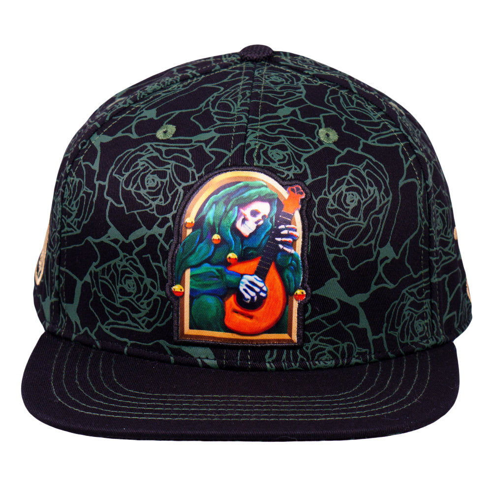 Stanley Mouse x Grassroots Mandolin Jester Never Summer Green Rose Fitted Hat
- Cotton Panels & Brim
- Screen Printed Design
- Sublimation Printing
- Square Brim
- Satin Lining 
- Stash Pocket
- Fitted Closure
- Limited Edition of 210