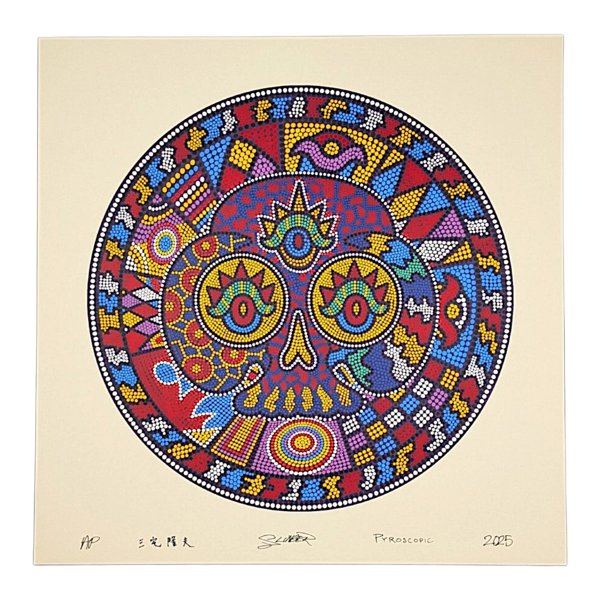 Takao x Slinger x Pyroscopic (The Parking Lot Collective)
Takao Skull, 2025
Screen Print on #11 Antique Ivory Archival Paper
16 x 16 in
AP&nbsp;

Hand signed + numbered by the artists. Inspired by the glass art of Takao Miyake. Designed by Pyroscopic and Slinger (The Parking Lot Collective).