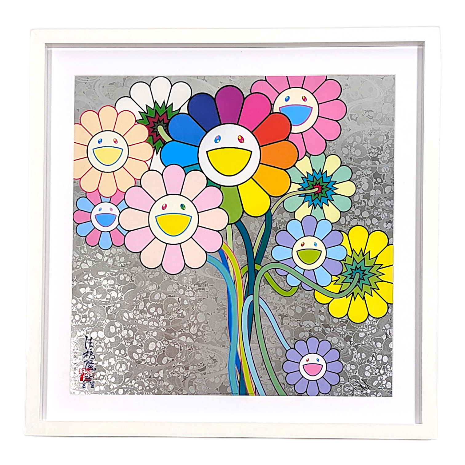 Takashi Murakami 
Korin and Warhol, 2025 
Offset lithograph + cold stamp + high gloss varnishing 
21.7 x 21.7 in 
Edition of 300 

Hand signed + numbered by the artist 

Custom Frame: 
27 x 27 x 1.5 in 

*Minor imperfection (faint crease, bottom center) - Please contact us if you would like a condition report + additional photos / videos 