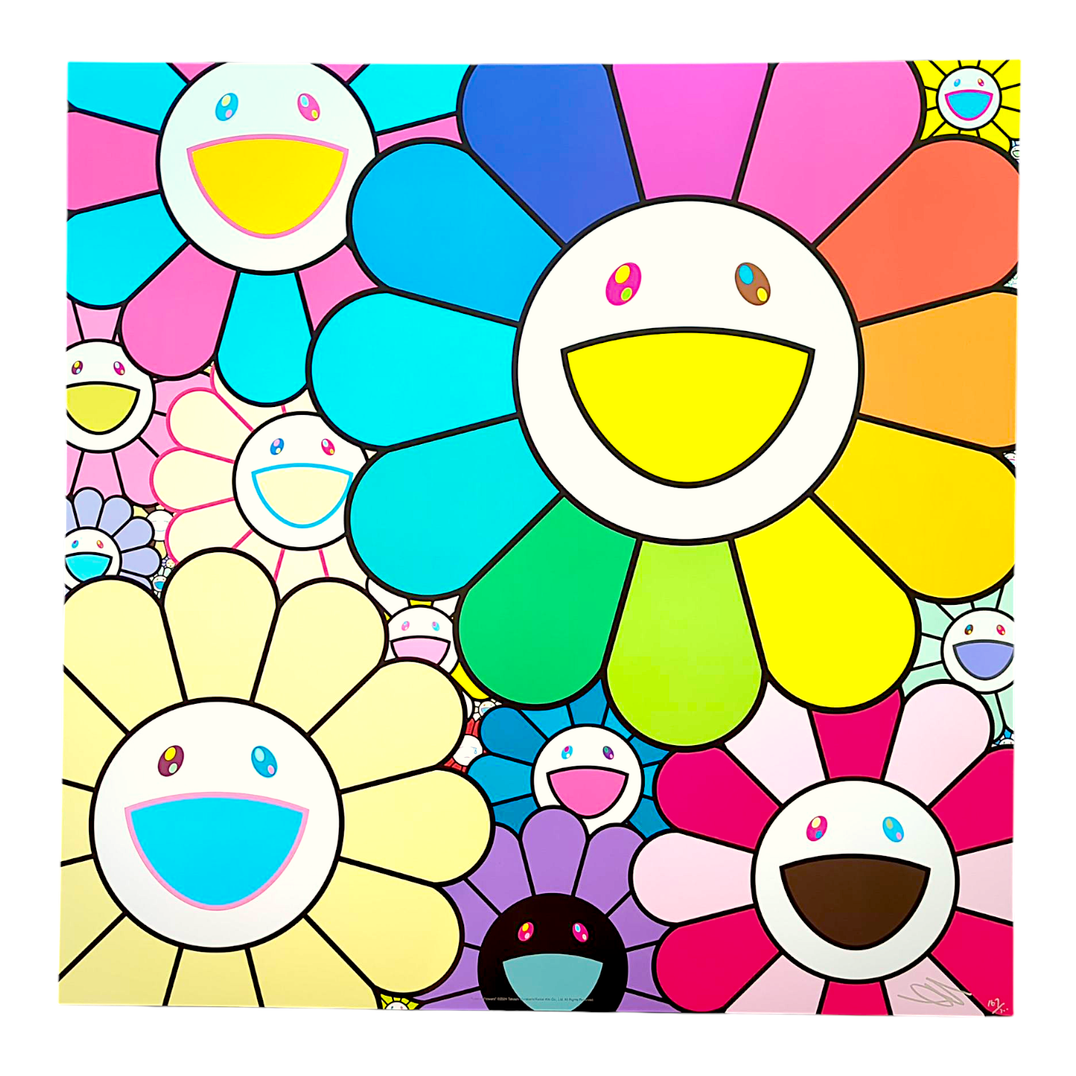 Takashi Murakami 
Lots of Flowers, 2025 
Offset lithograph + high gloss varnishing 
23.62 x 23.62 in
Edition of 300 

Hand signed + numbered by the artist 