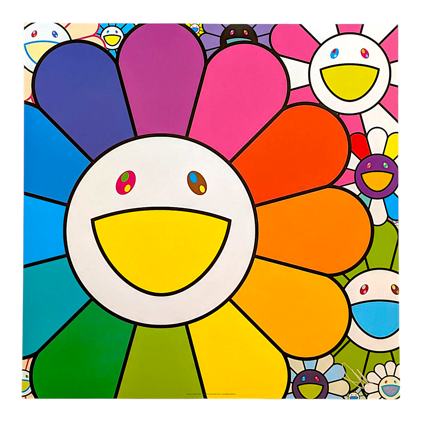 Takashi Murakami 
Poppin' Flowers, 2025 
Offset lithograph + high gloss varnishing 
23.62 x 23.62 in 
Edition of 300 

Hand signed + numbered by the artist 

© Takashi Murakami/Kaikai Kiki Co., Ltd. All Rights Reserved.