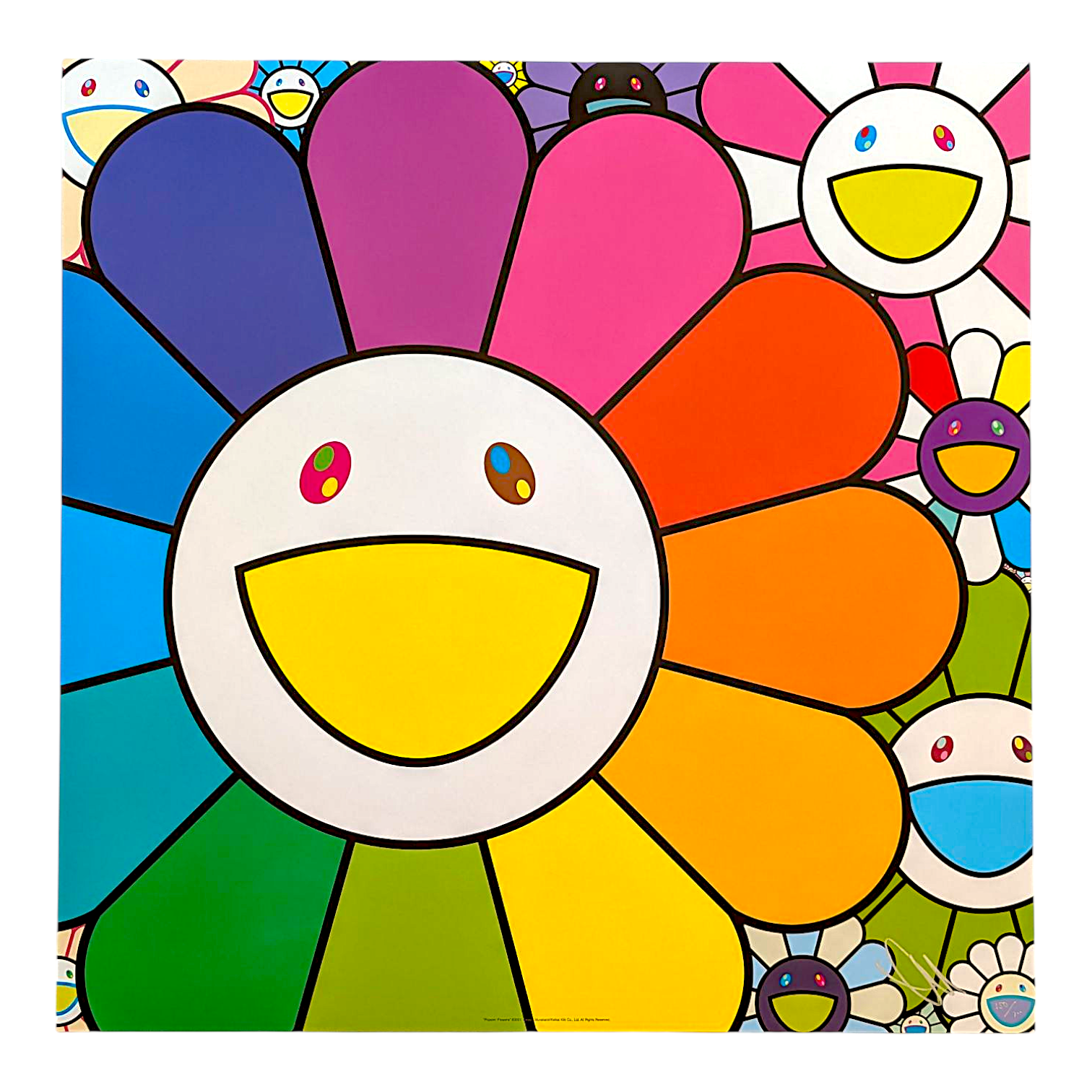 Takashi Murakami 
Poppin' Flowers, 2025 
Offset lithograph + high gloss varnishing 
23.62 x 23.62 in 
Edition of 300 

Hand signed + numbered by the artist 

© Takashi Murakami/Kaikai Kiki Co., Ltd. All Rights Reserved.