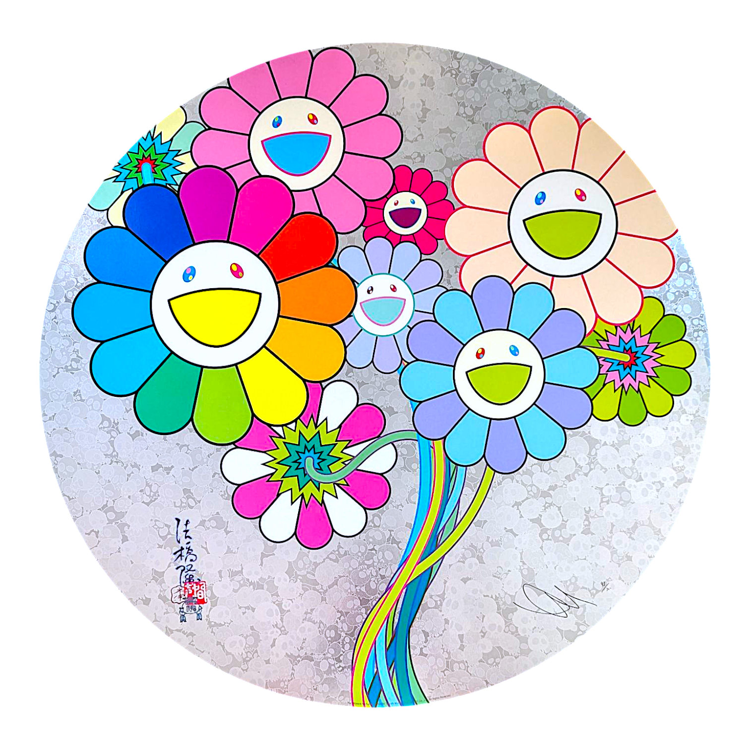 Takashi Murakami 
Re: Flowers for Algernon, 2025 
Offset lithograph + cold stamp + high gloss varnishing 
22 in diameter
Edition of 300 

Hand signed + numbered by the artist 

© Takashi Murakami/Kaikai Kiki Co., Ltd. All Rights Reserved. 