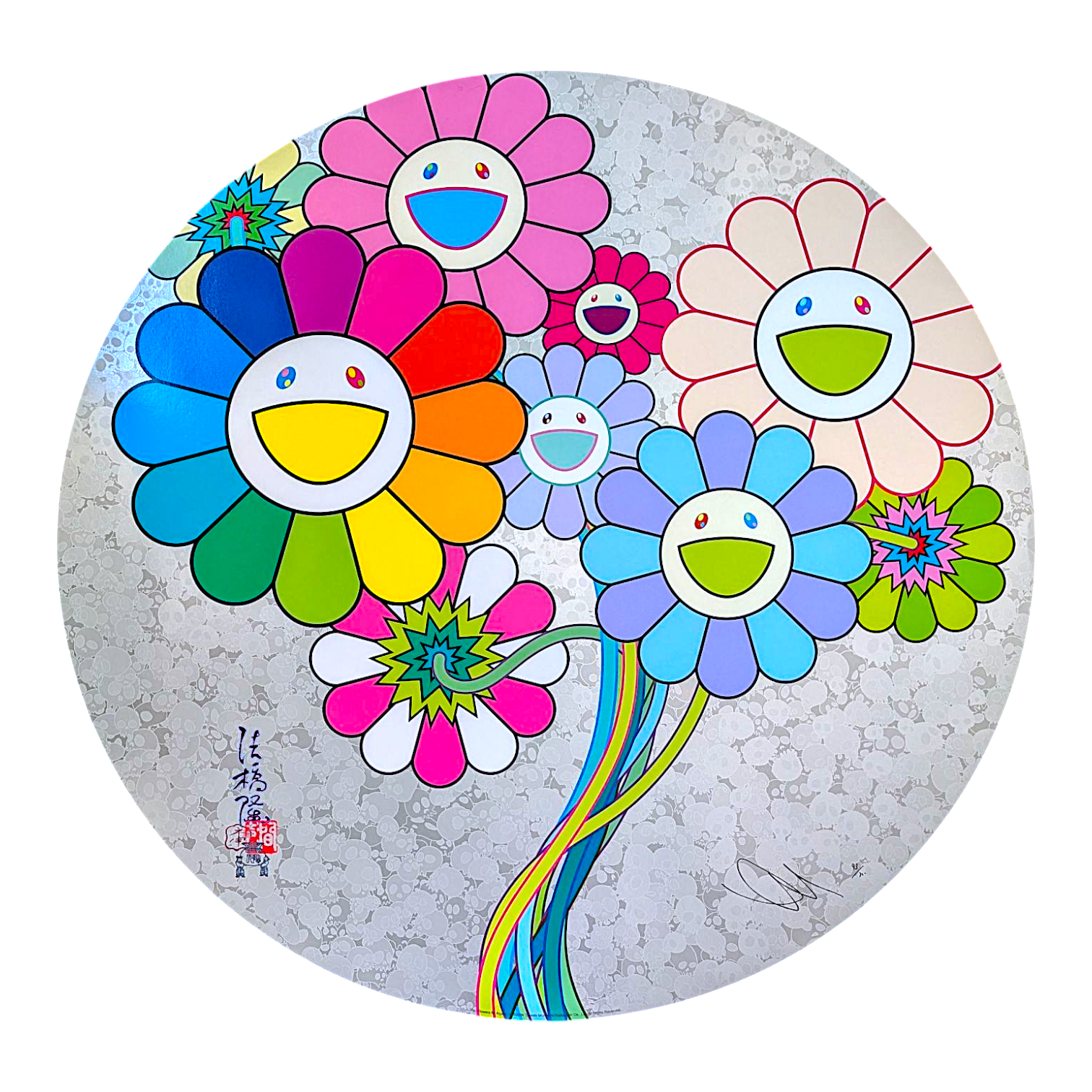 Takashi Murakami 
Re: Flowers for Algernon, 2025 
Offset lithograph + cold stamp + high gloss varnishing 
22 in diameter
Edition of 300 

Hand signed + numbered by the artist 

© Takashi Murakami/Kaikai Kiki Co., Ltd. All Rights Reserved. 