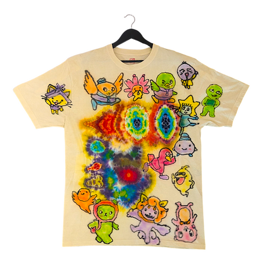 Trevy Metal x Yogu 
Rainbow Friends, 2026 
Hand dyed + hand painted cotton shirt 

Sizing: 
- Chest (pit-to-pit): 24 in 
- Length (highest shoulder point to hem): 34.5 in 
- Sleeve length: 10 in 

*Please note this piece is featured in Trevy Metal’s solo show that will be on display until May 23rd, 2026. Artwork from the exhibition will be shipped early the following week. Thank you for your support & understanding :)