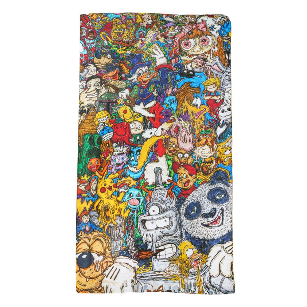 Multicolored fabric with various cartoon character designs on a white background