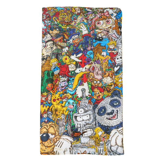 Multicolored fabric with various cartoon character designs on a white background