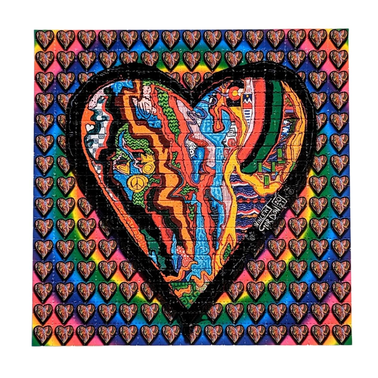 Vincent Gordon  Coogi Heart, 2021 Archival Pigment Print on Perforated Blotter Paper 7.75 x 7.75 in Edition of 100  Hand Signed + Numbered by Vincent Gordon. Perforated and published by Zane Kesey in Pleasant Hill, OR.