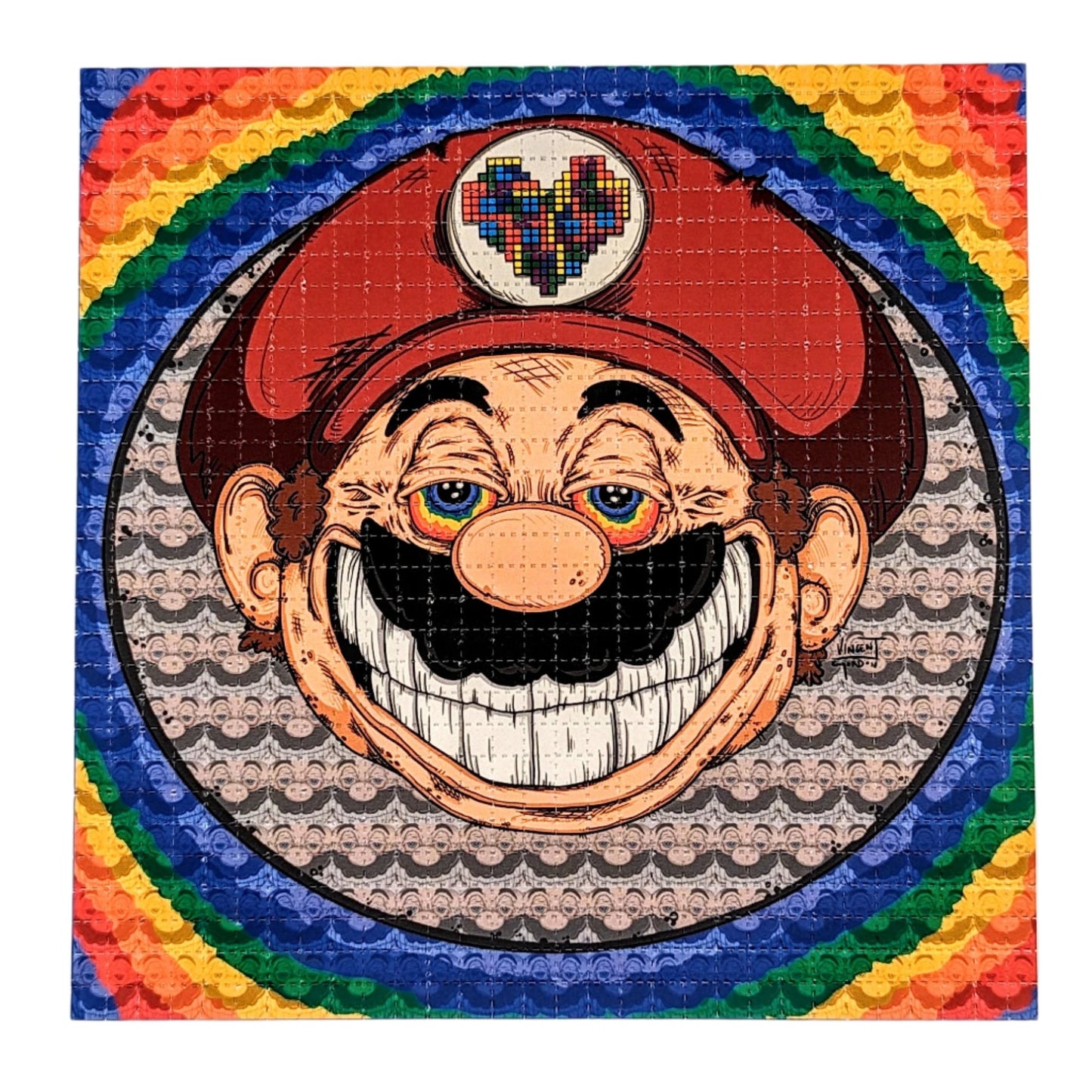 Vincent Gordon Mario Love Archival Pigment Print on Perforated Blotter Paper 7.75 x 7.75 in Edition of 100  Hand Signed + Numbered by the artist. Perforated and published by Zane Kesey in Pleasant Hill, OR.