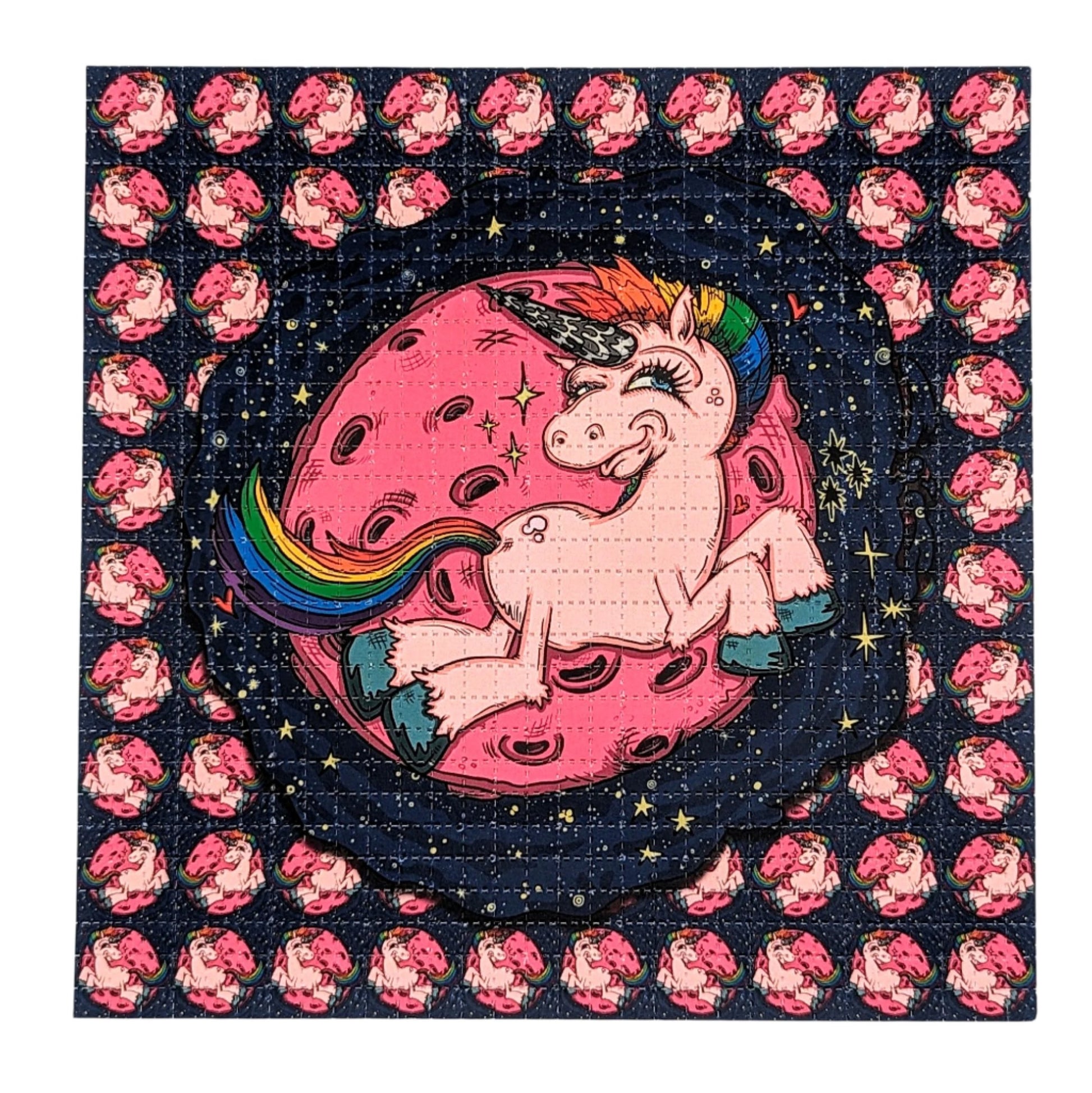 Moonicorn Archival Pigment Print on Perforated Blotter Paper 7.75 x 7.75 in Edition of 100  Hand Signed + Numbered by Vincent Gordon. Perforated and published by Zane Kesey in Pleasant Hill, OR.