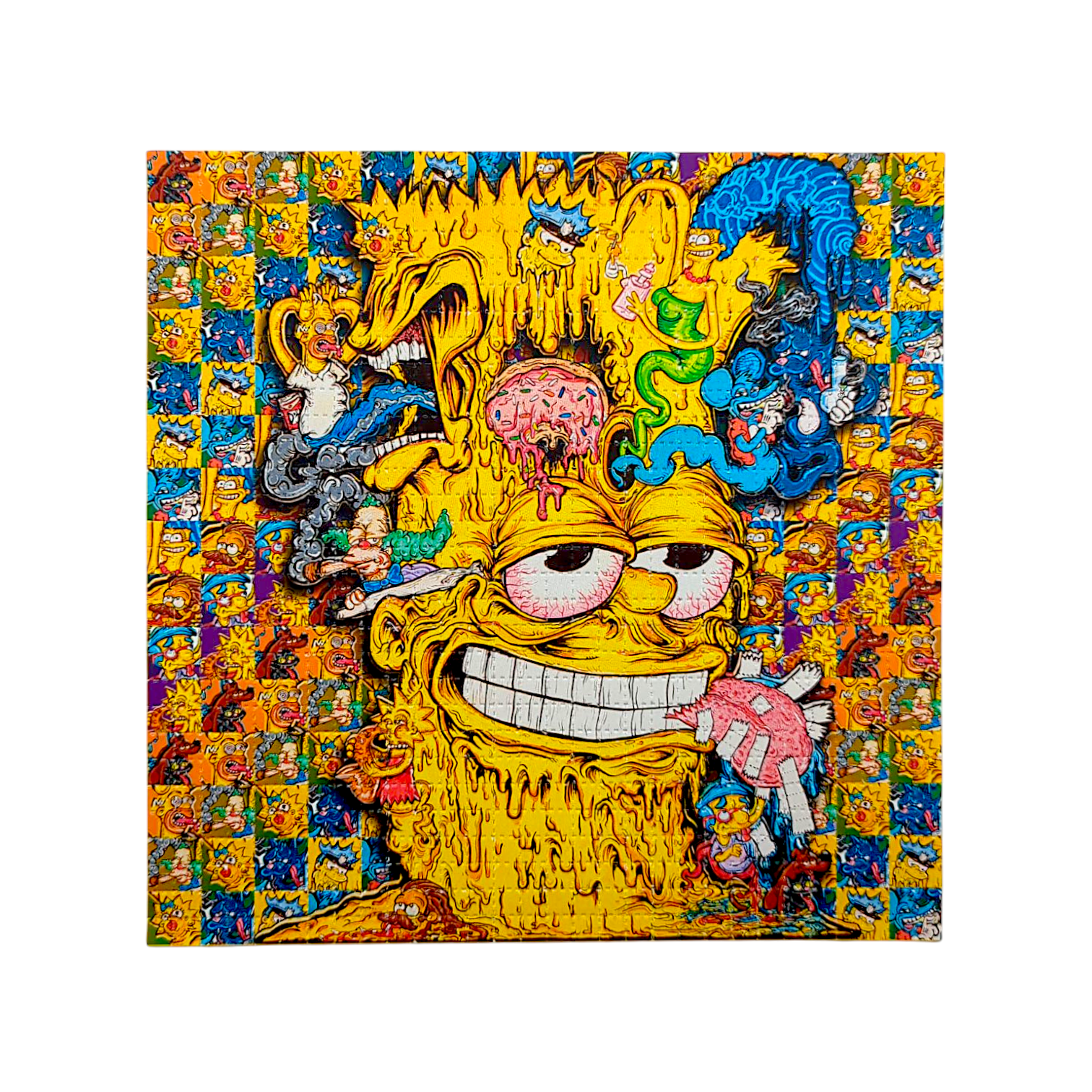 Aaron Brooks x Vincent Gordon (Melty Bros)
Bart
Archival Pigment Print on Perforated Blotter Paper
7.5 x 7.5 in
Edition of 100

Hand Signed by the artists. Perforated and published by Zane Kesey in Pleasant Hill, OR.