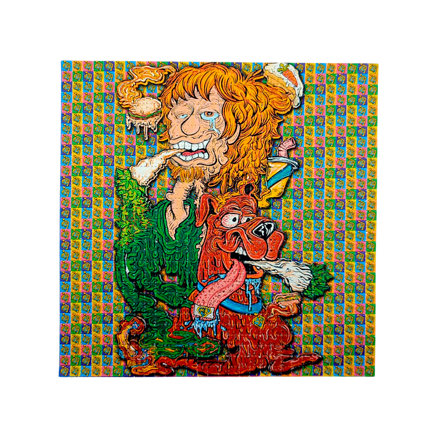Aaron Brooks x Vincent Gordon (Melty Bros) 
Shaggy Scooby 
Archival Pigment Print on Perforated Blotter Paper 
7.5 x 7.5 in 
Edition of 100 

Hand Signed by the artists. Perforated and published by Zane Kesey in Pleasant Hill, OR. 