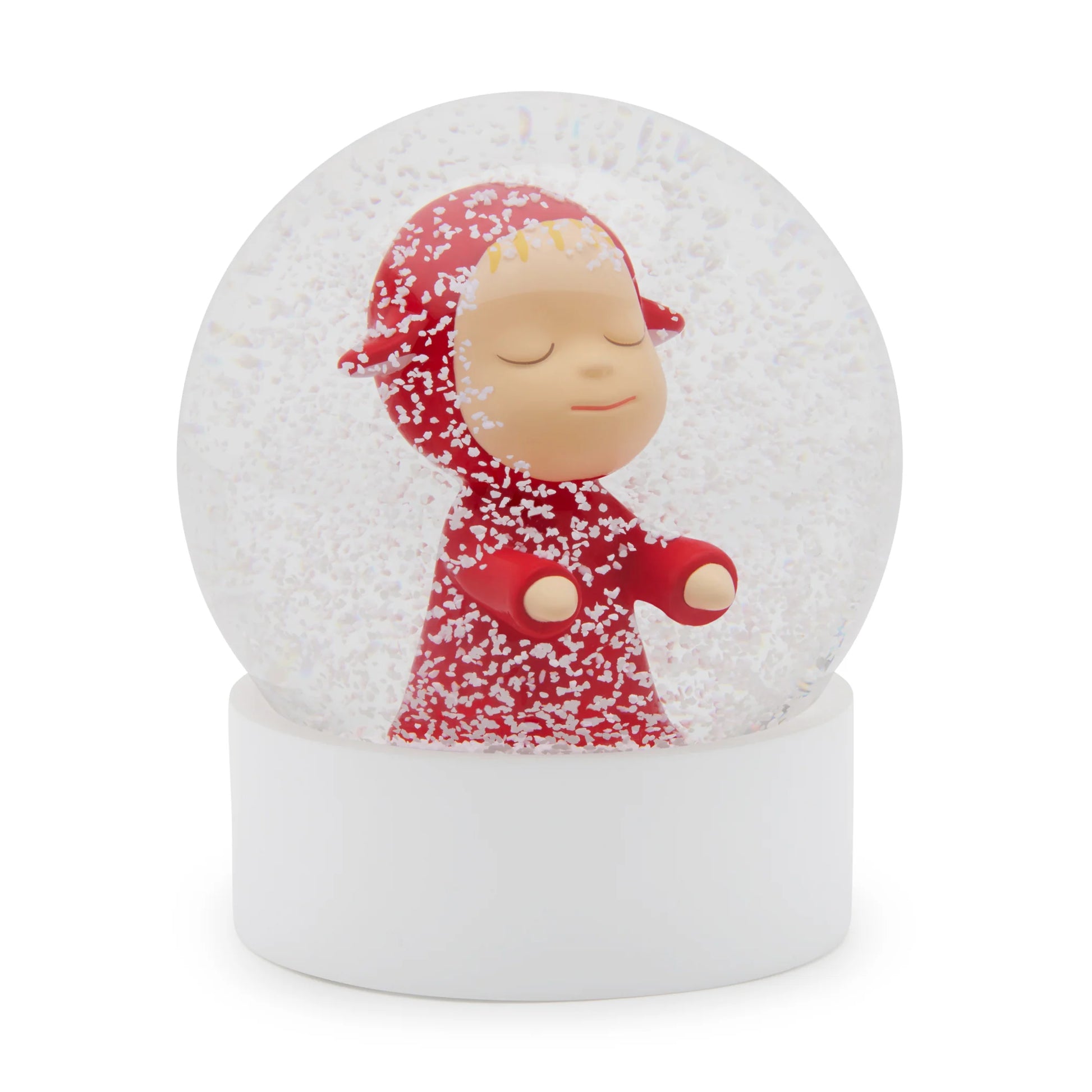 Yoshitomo Nara Little Wanderer (Red) Snow Globe 

Hand painted resin figure inside glass snow globe with round rubber-wood base 
Approx. 4.3 in tall | 3.9 in diameter 
Snow Globe features Little Wanderer—a  character based on the 1999 sculptures "Little Pilgrims (Night Walking)" by Yoshitomo Nara 

*Do not place the snow globe in direct sunlight 