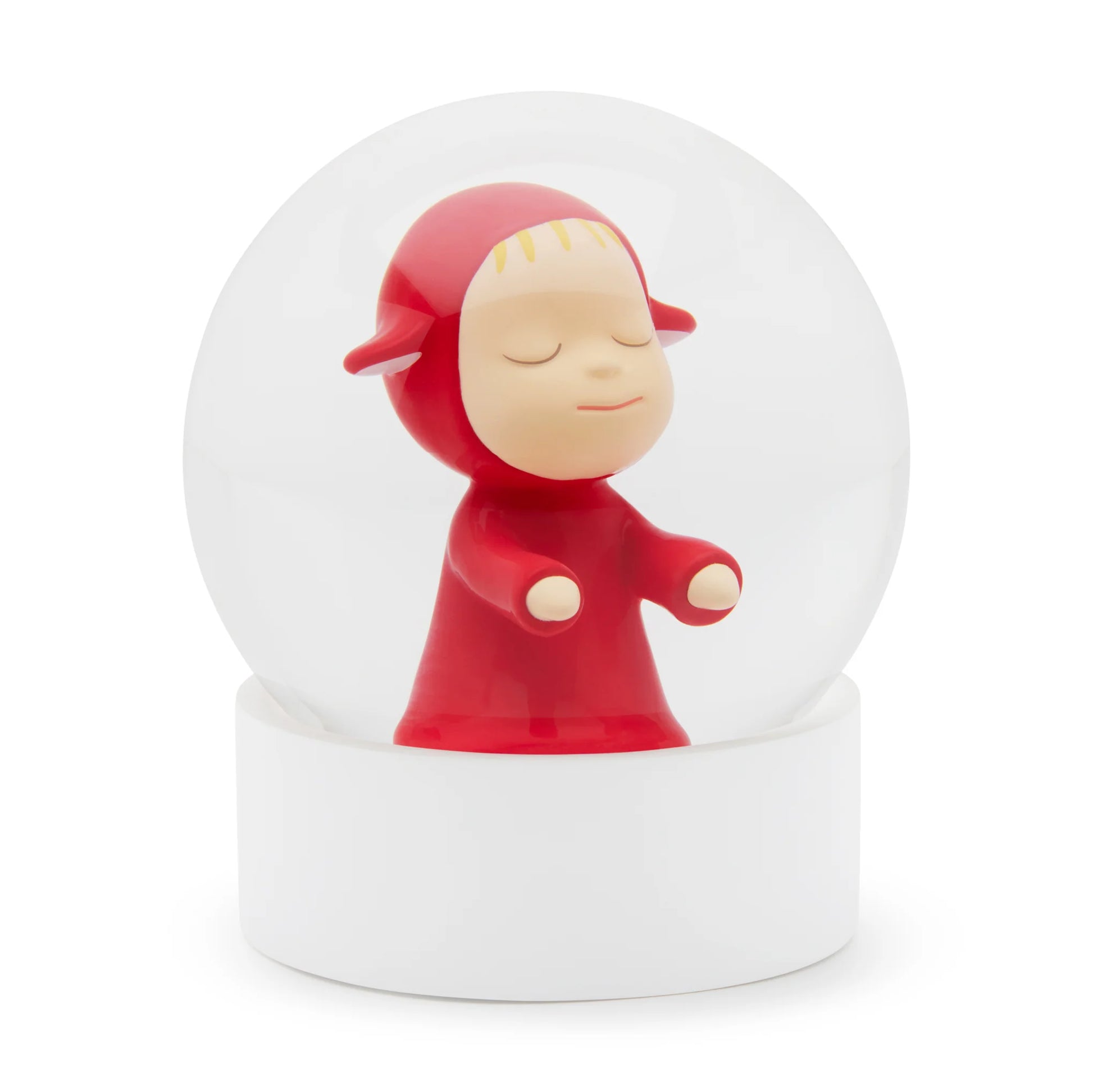 Yoshitomo Nara Little Wanderer (Red) Snow Globe 

Hand painted resin figure inside glass snow globe with round rubber-wood base 
Approx. 4.3 in tall | 3.9 in diameter 
Snow Globe features Little Wanderer—a  character based on the 1999 sculptures "Little Pilgrims (Night Walking)" by Yoshitomo Nara 

*Do not place the snow globe in direct sunlight 