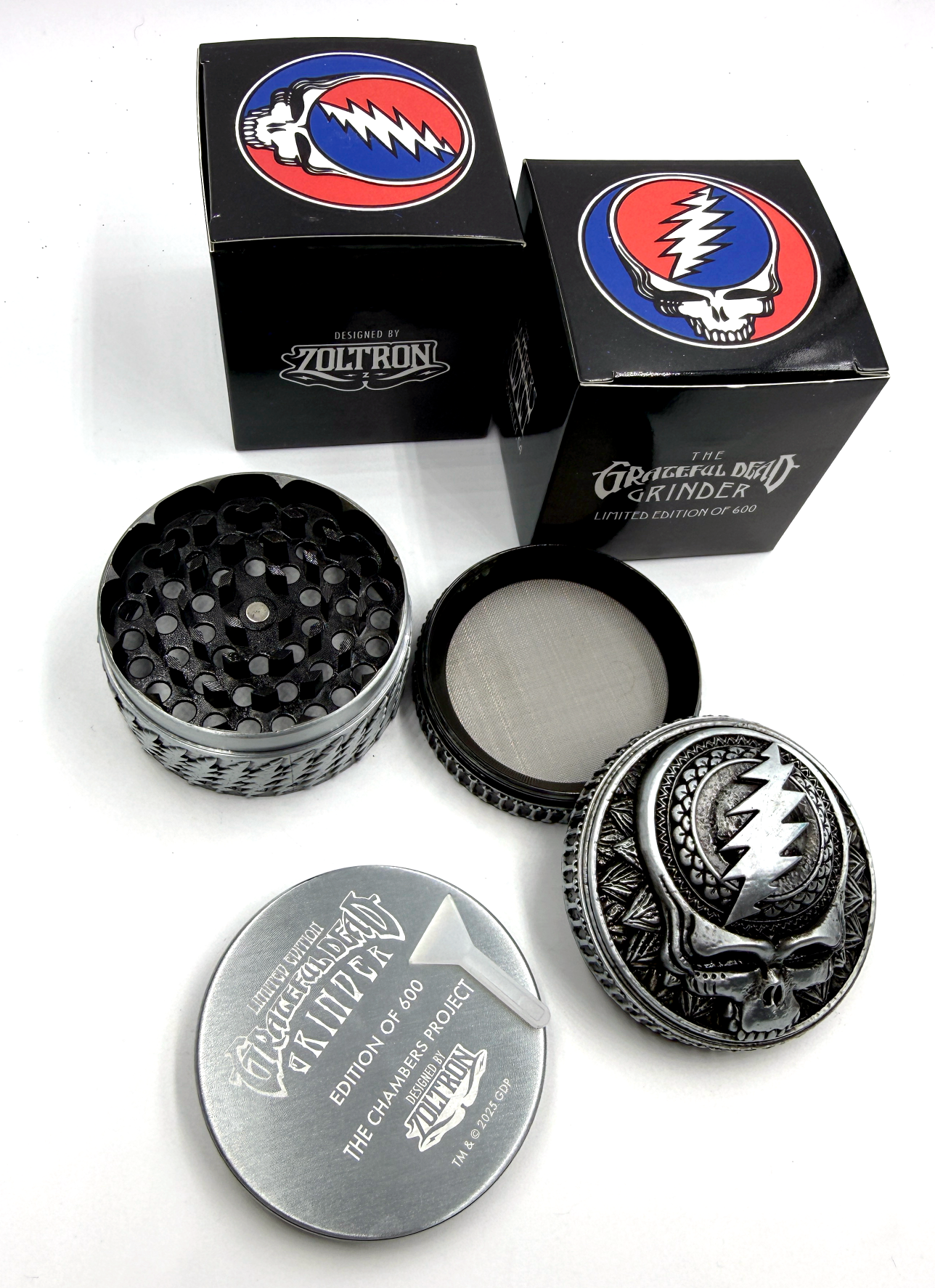 The Grateful Grinder. Designed by Zoltron. The best Grinder in the known universe. Limited Edition of 600 Extreme Quality, 4-piece aluminum Grinder 2.5" Tall X 2.5" Wide Sculpted Aluminum cast. Laser etched bottom About the Anodized Finish: You can expect some subtle variation in the anodized finish. Anodizing is a food safe surface conversion finish, where the color becomes part of the aluminum rather than sitting on top like paint. Subtle variations in tone and how fine details appear are a natural part o