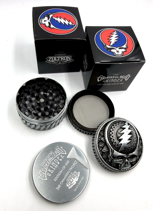 The Grateful Grinder. Designed by Zoltron. The best Grinder in the known universe. Limited Edition of 600 Extreme Quality, 4-piece aluminum Grinder 2.5" Tall X 2.5" Wide Sculpted Aluminum cast. Laser etched bottom About the Anodized Finish: You can expect some subtle variation in the anodized finish. Anodizing is a food safe surface conversion finish, where the color becomes part of the aluminum rather than sitting on top like paint. Subtle variations in tone and how fine details appear are a natural part o