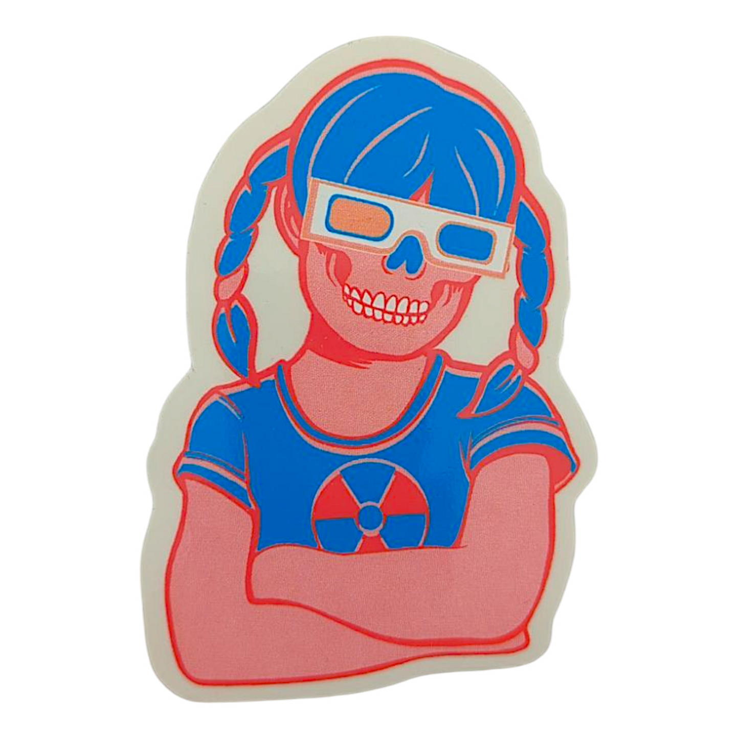 Zoltron Sue Nami (3D Glasses) Sticker

2.75 x 4" die cut vinyl sticker 
Screen printed on clear vinyl
Weatherproof